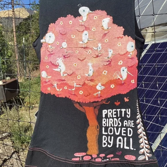 🍄Rare Custo Mushroom Birds Tree Art to Wear Black Mini Dress Sz 2 Boho Hippie - Picture 2 of 4